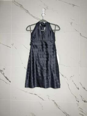 Vintage LIPSY Dress Gray Halter Tiered Sz US 8 Y2K Tiered Sexy Open Back